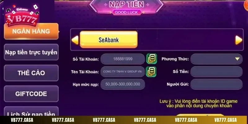 Nạp qua tài khoản ngân hàng là phương thức phổ biến nhất